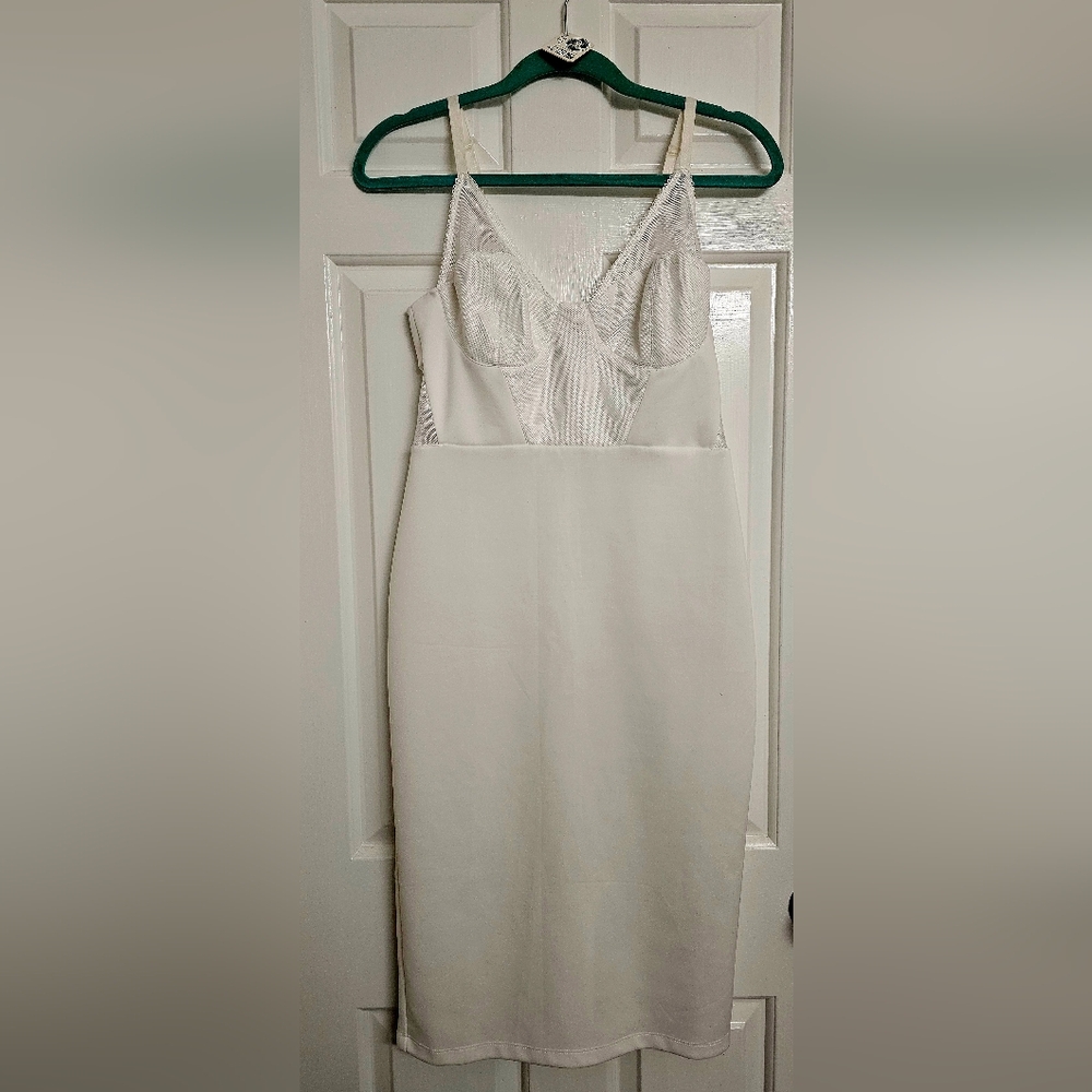 ASOS white mesh-detail bodycon dress in size 8.